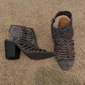 Gray open toe cage heels